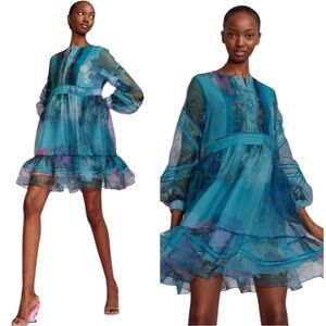 Cynthia Rowley Turquoise Watercolor Lace Dress Sheer Sleeve Spring Party Mini S